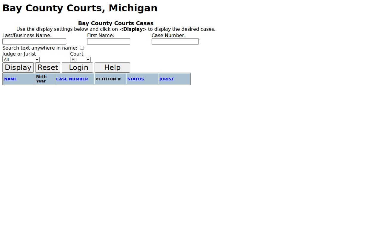 Bay City court name-search screen for resident records