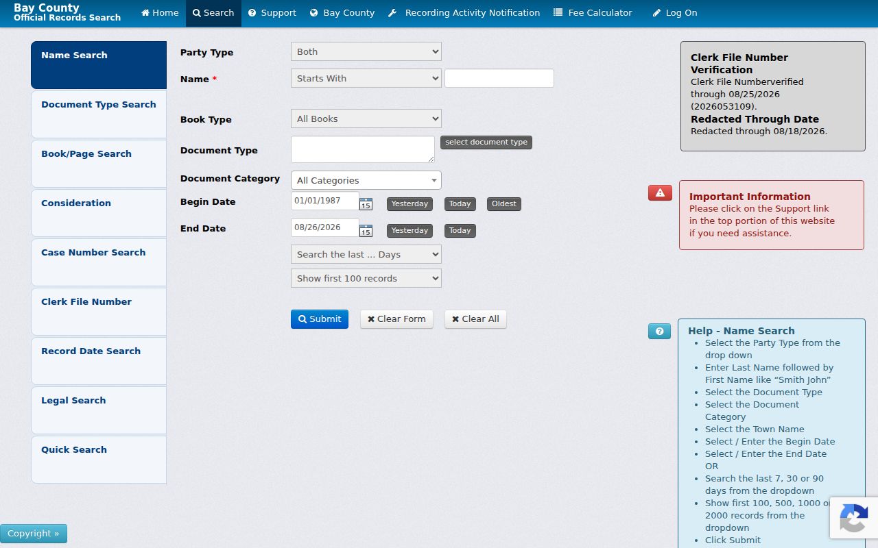 Bay City street directory Bay County deed index search controls